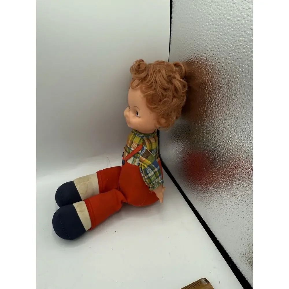 Vintage 1970s NASCO Cloth Body Doll Red Overalls Plaid Shirt Needs TLC